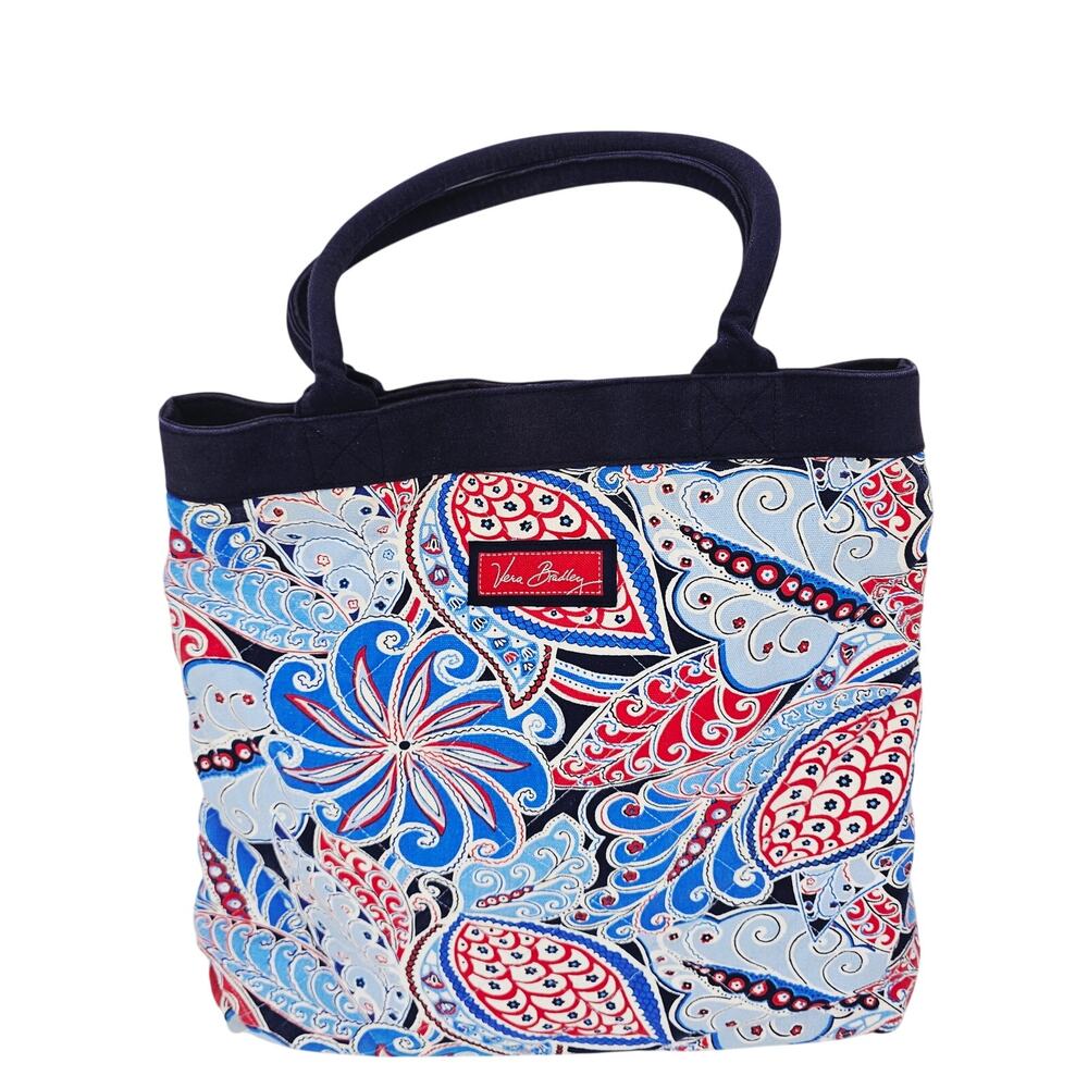 Vera Bradley Port Tote Seaside Large Shoulder Bag Floral Blue Red Cotton Quilted